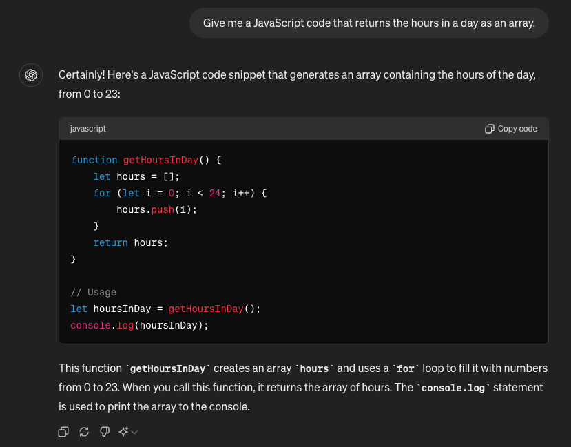 Asking AI to Generate an Array of Hours in the Day